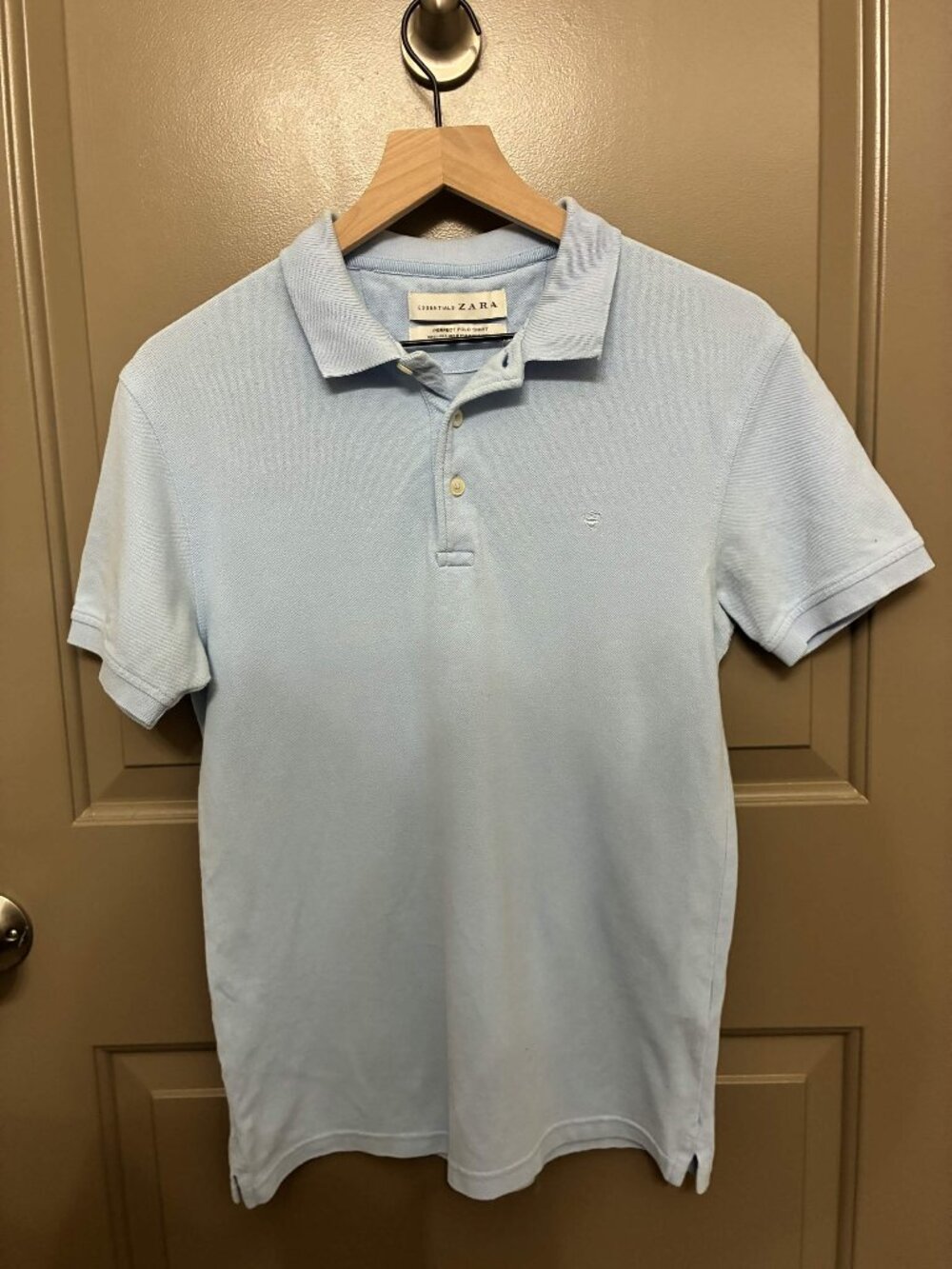 Zara Man Essentials Perfect Polo Shirt Light Blue Short Sleeve Cotton Pique